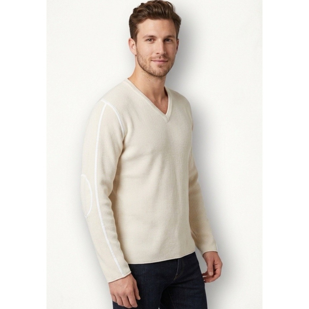 ATM Tony Melillo 100% Cashmere V-Neck Sweater Mens Large Ivory Elbow Patches